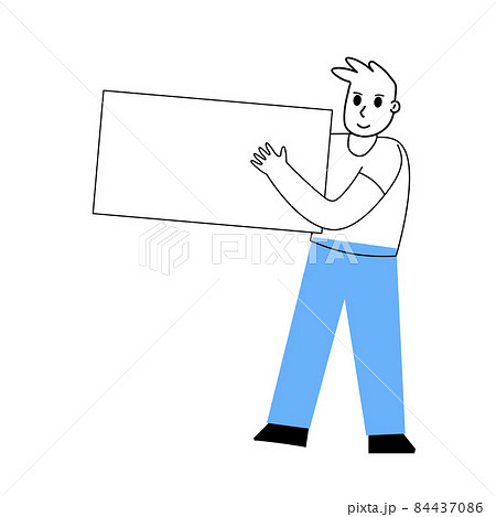 Man holds white blank board. Male character 84437086