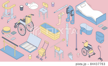 シニアや介護に使われるグッズのアイソメイラストのセット 84437763