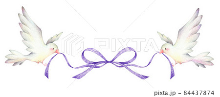 Two White Birds With Purple Ribbons Stock Illustration