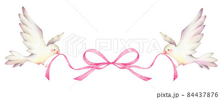 Two White Birds With Pink Ribbons Hand Painted Stock Illustration