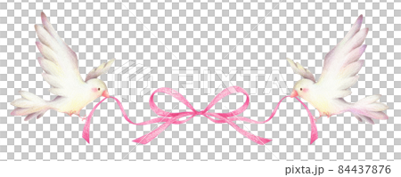 Two white birds with pink ribbons hand-painted colored pencil drawings 84437876