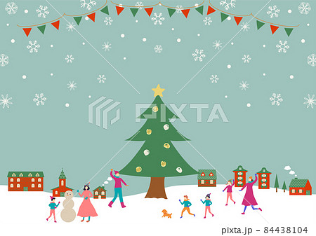 クリスマスツリーと人々 雪の風景のイラスト素材