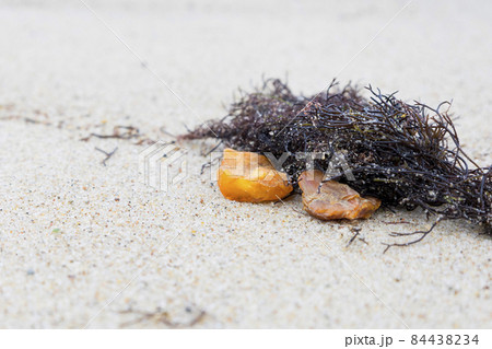 Amber on fine sand, beautiful piece of amber from the sand. 84438234