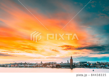 Stockholm, Sweden. Scenic Famous View Of Skyline Cityscape Embankment At Summer Sunset Sunrise. Famous Popular Destination Place Stockholm City Hall Stadshuset On Eastern Tip Of Kungsholmen Island 84438335
