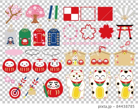 插圖集櫻花和祈禱成功 Daruma Maneki Neko Ema Omamori 84438785