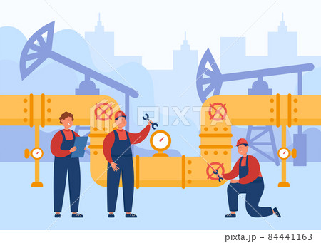 Team of engineers and workers controlling oil or gas pipeline 84441163