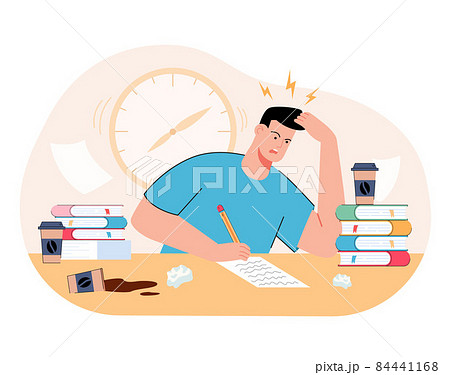 Stressed millennial guy studying before college exams Stressed millennial guy studying before college exams 84441168