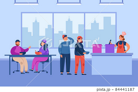 Refectory interior and girl cooking for poor people 84441187