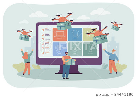 Professional drones delivering purchases to cartoon customers 84441190