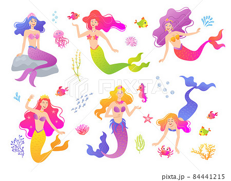 Mermaid cartoon characters flat vector... - Stock Illustration [84441215] -  PIXTA
