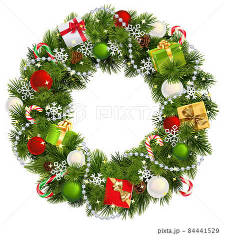 Vector Christmas Pine Fluffy Wreath with Gifts Vector Christmas Pine Fluffy Wreath with Gifts 84441529