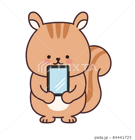 スマートフォンを持つ可愛いリスのイラストのイラスト素材
