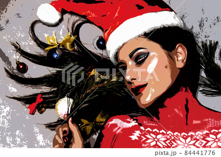 Illustration. A beautiful brunette with artistic make-up and wearing a Santa Claus hat 84441776