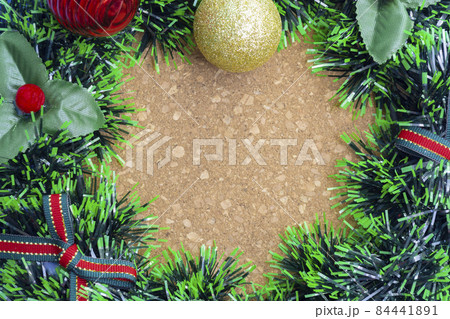 Christmas background with fir tree and decor. Top view with copy space 84441891