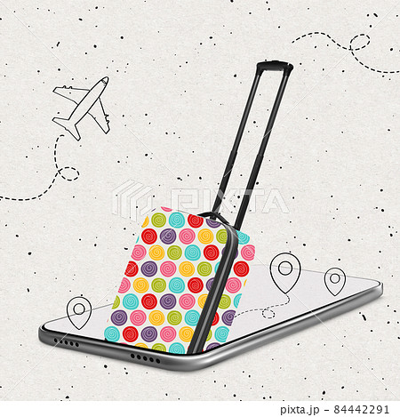 Creative artwork. Contemporary art collage of suitcase sticking out phone screen. Buying tickets online Creative artwork. Contemporary art collage of suitcase sticking out phone screen. Buying tickets online 84442291