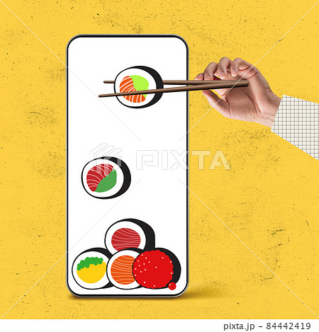 Contemporary art collage of male hands holding sushi on phone screen isolated over yellow background Contemporary art collage of male hands holding sushi on phone screen isolated over yellow background 84442419