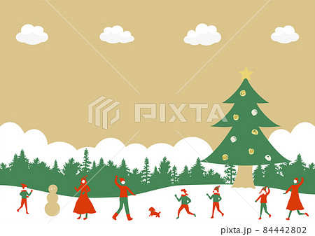クリスマスツリーと人々 森の風景のイラスト素材