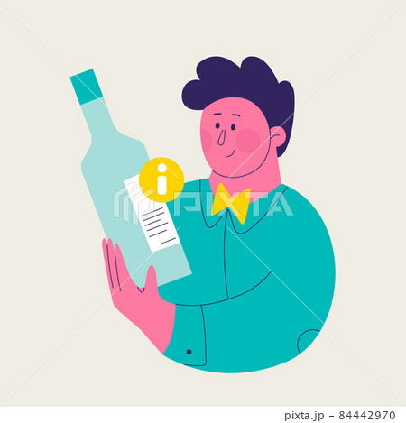 Single illustration from a set of wine tasting. Cute man is exploring the information on a wine bottle label. Vector trendy isolated illustration for design. 84442970