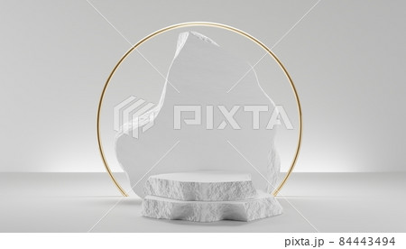 3D white stone podium display. Pedestal with abstract geometric arch and golden round frame. Blank stage for cosmetics, beauty product promotion mockup. Natural rough grey rock, 3D render illustration 3D white stone podium display. Pedestal with abstract geometric arch and golden round frame. Blank stage for cosmetics, beauty product promotion mockup. Natural rough grey rock, 3D render illustration 84443494