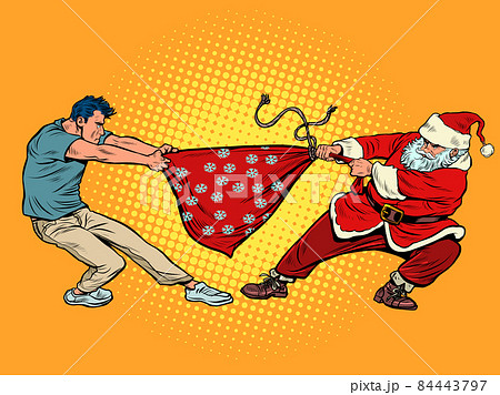 A man takes a bag of gifts from Santa Claus. Christmas and New Year winter holidays 84443797