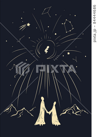 Mystery of Jesus Christ Birth vector illustration. Merry Christmas banner with Mary and Joseph, waiting for baby Jesus. Xmas miracle concept. Nativity scene card Mystery of Jesus Christ Birth vector illustration. Merry Christmas banner with Mary and Joseph, waiting for baby Jesus. Xmas miracle concept. Nativity scene card 84444686