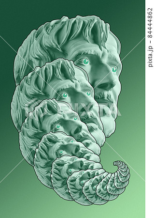 Collage with plaster antique sculpture of human face in a pop art style. Modern creative concept image with ancient statue head. Zine culture. Contemporary art poster. Funky minimalism. Retro design. 84444862