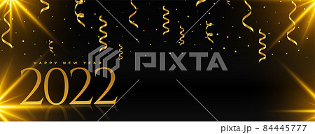 black and golden 2022 new year banner with falling confetti and light effect 84445777