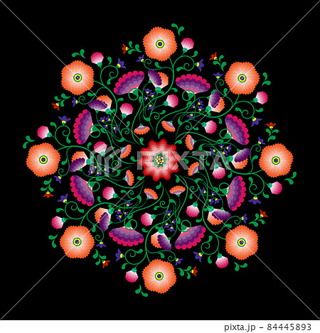 Embroidery mandala flowers folk pattern with Polish and Mexican influence. Trendy ethnic decorative traditional floral in symmetric design, for fashion, interior, stationery. Vector isolated on black Embroidery mandala flowers folk pattern with Polish and Mexican influence. Trendy ethnic decorative traditional floral in symmetric design, for fashion, interior, stationery. Vector isolated on black 84445893