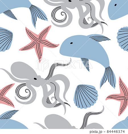 Vector seamless pattern with sea inhabitants fish, octopus, starfish and shellfish 84446374