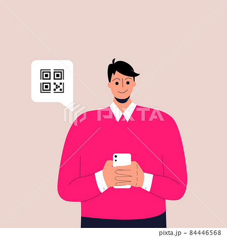 Man holding smartphone with QR sign. Concept of electronic id, identification, vaccine passport or certificate, QR verification, online shopping. Flat vector illustration for UI, app. Eps 10. 84446568