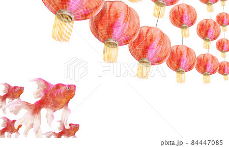 金魚と提灯の手描き水彩風イラストのイラスト素材