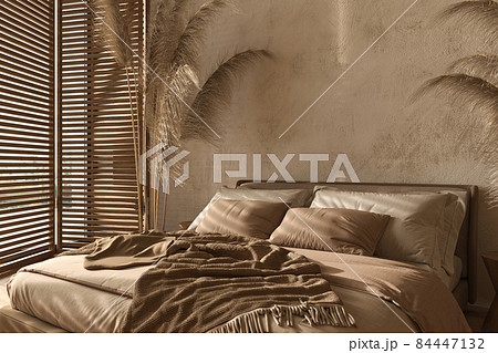 Boho scandinavian style in farmhouse interior. Beige bedroom with natural wooden furniture, shutters and dry plants. 3d rendering. 3d illustration. Boho scandinavian style in farmhouse interior. Beige bedroom with natural wooden furniture, shutters and dry plants. 3d rendering. 3d illustration. 84447132