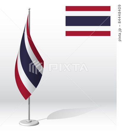 KINGDOM OF THAILAND flag on flagpole for registration of solemn event, meeting foreign guests. National independence day of THAILAND. Realistic 3D vector on white