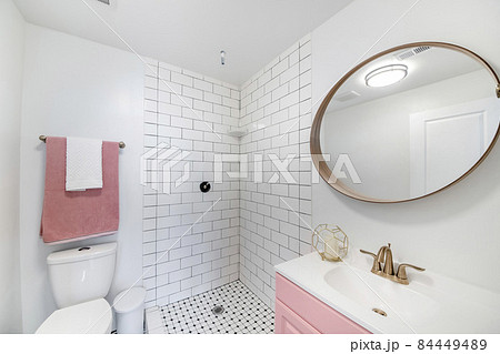 Interior of a bathroom with unfinished shower stall Interior of a bathroom with unfinished shower stall 84449489