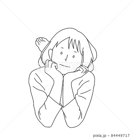 寝転んで頬杖をついている女の子のイラスト 白背景 ベクター 切り抜き 線画 のイラスト素材