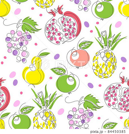 Seamless pattern with the image of fruits. Pineapple, pomegranate, grapes. One line drawing. 84450385