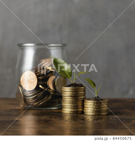 front view two stacks coins with plants jar. High quality photo front view two stacks coins with plants jar. High quality photo 84450675