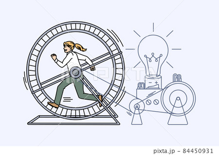 Motivated woman run in wheel generate creative ideas Motivated woman run in wheel generate creative ideas 84450931