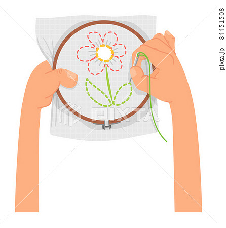 Embroidery craft. Hands sewing flower patch on fabric. Embroidery craft. Hands sewing flower patch on fabric. 84451508