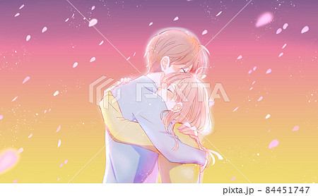 桜吹雪の中抱き合うカップルのイラスト素材