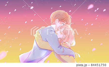 桜吹雪の中抱き合うカップルのイラスト素材