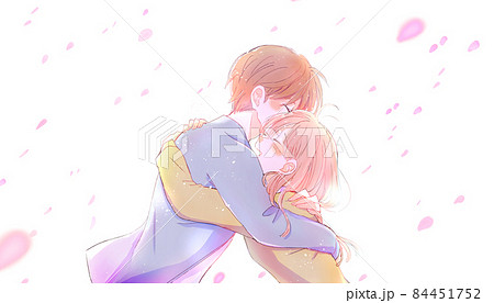 桜吹雪の中抱き合うカップルのイラスト素材