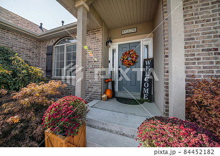 Front house design with bricks and halloween ornaments at the front Front house design with bricks and halloween ornaments at the front 84452182