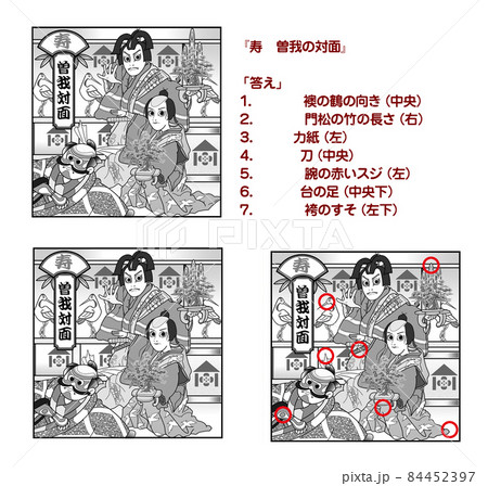 曽我の対面,歌舞伎,まちがい探し,白黒 84452397