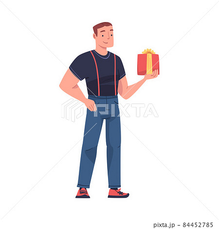 Man with Gift Box Engaged in Holiday Congratulation Vector Illustration 84452785