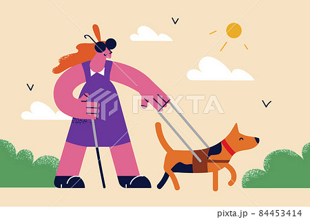 Blind woman walking with trainer guide dog Blind woman walking with trainer guide dog 84453414