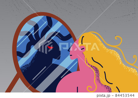 Woman look in mirror see shadow evil reflection Woman look in mirror see shadow evil reflection 84453544