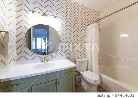 Small bathroom interior with minimalist wallpaper design Small bathroom interior with minimalist wallpaper design 84454032