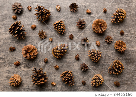 pine cones on colored table. natural holiday background with pinecones grouped together. Flat lay. Winter concept 84455160