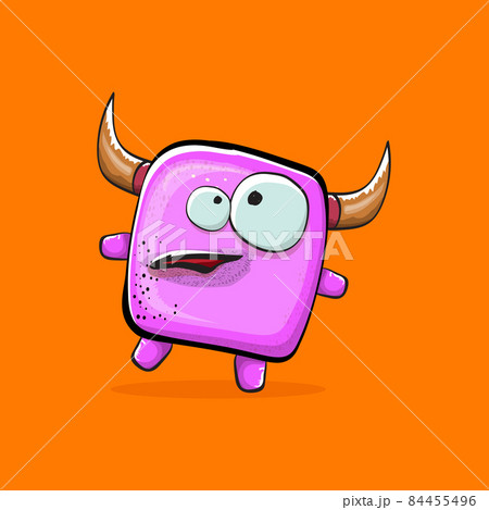 Vector cartoon funny pink monster with horn isolated on orange background. Smiling silly pink monster print sticker design template. Ghost, troll, gremlin, goblin, devil and monster Vector cartoon funny pink monster with horn isolated on orange background. Smiling silly pink monster print sticker design template. Ghost, troll, gremlin, goblin, devil and monster 84455496